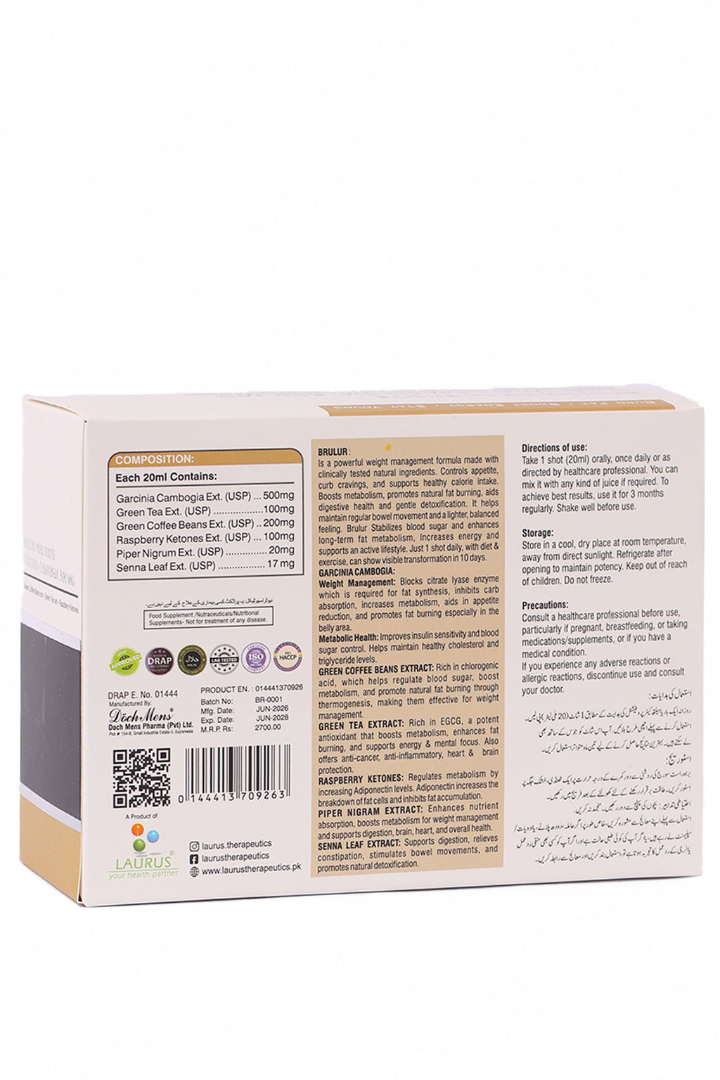 Brulur Oral Shots — label details and precautions